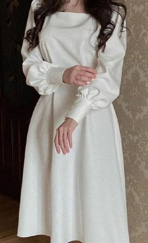 cute evening dress for events -Modest White A-line Long Sleeves Prom Dress cc1222