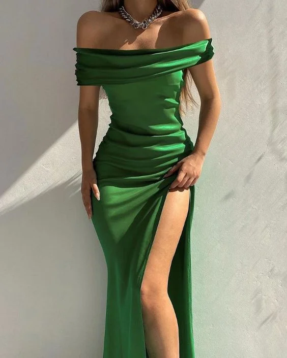 green evening dress for vibrance -Off Shoulder High Slit Satin Evening Dress c2512