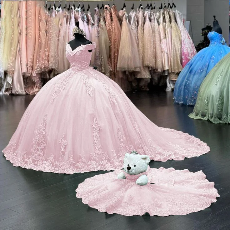 elegant evening dress for teens -Off Shoulder Pink Sweet 16 Quinceanera Dresses Lace Birthday Ball Gown  cc1118