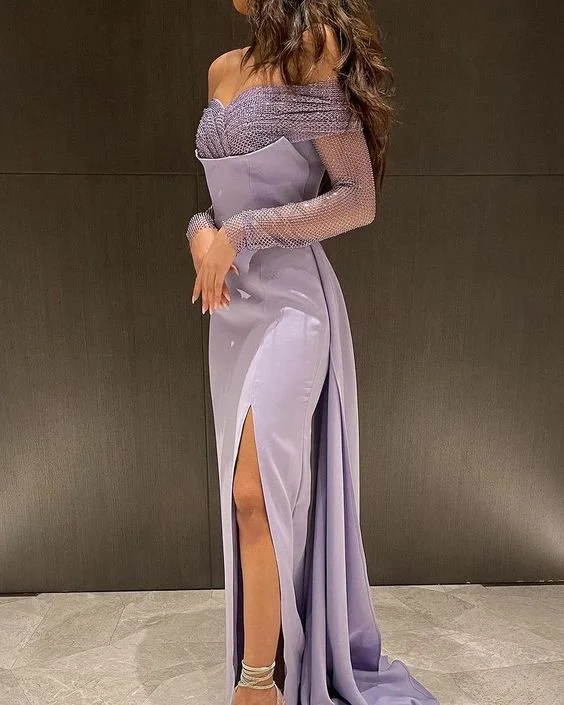 evening dress with bold designs -Off The Shoulder Lavender Evening Dress With Slit cc983