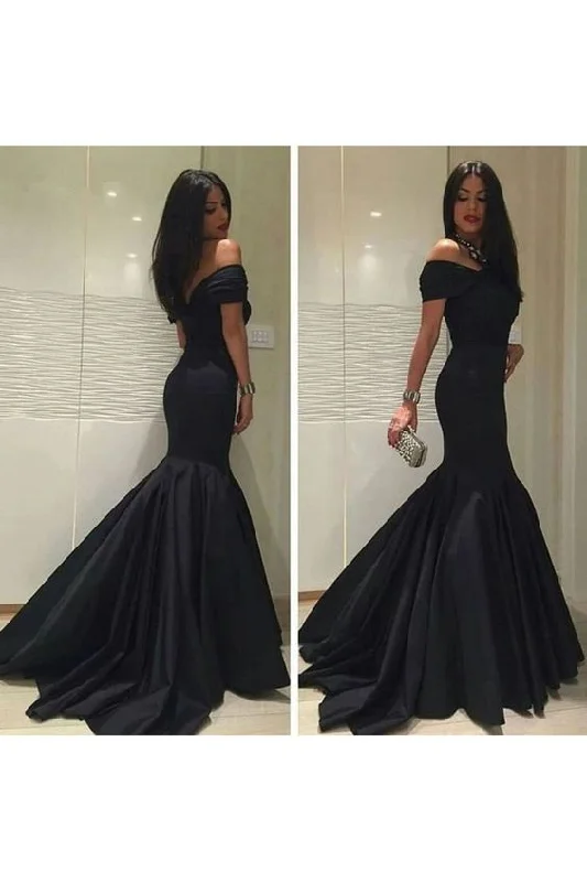 black evening dress for nights -Off The Shoulder Mermaid Evening Dresses With Ruffles Satin C1622