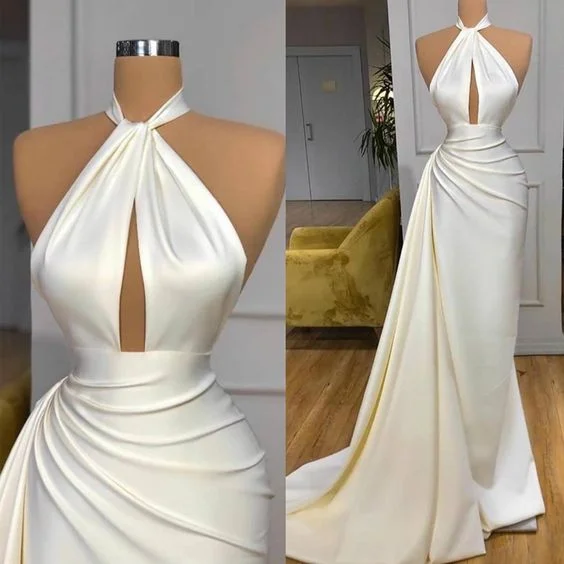 chic evening dress for women -Off white evening dresses long halter satin simple elegant cheap formal party dresses C1293