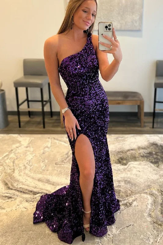 red evening dress for warmth -One Shoulder Purple Sequin Mermaid Long Prom Dress cc1022