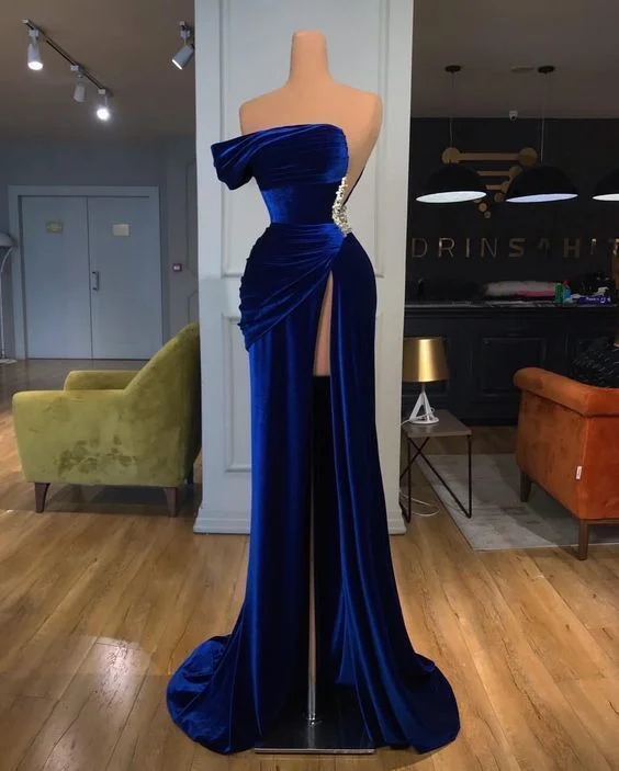 chic evening dress for club -One Shoulder Royal Blue Velvet Evening Dress with Slit C1765