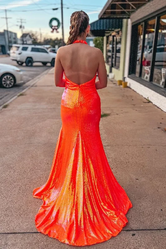 black evening dress for women -Orange Mermaid Halter Sequins Backless Long Prom Dress cc1012