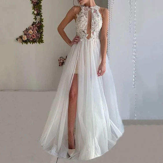 elegant evening dress for nights -Party Dresses White Split Floor-Length Sleeveless  C996