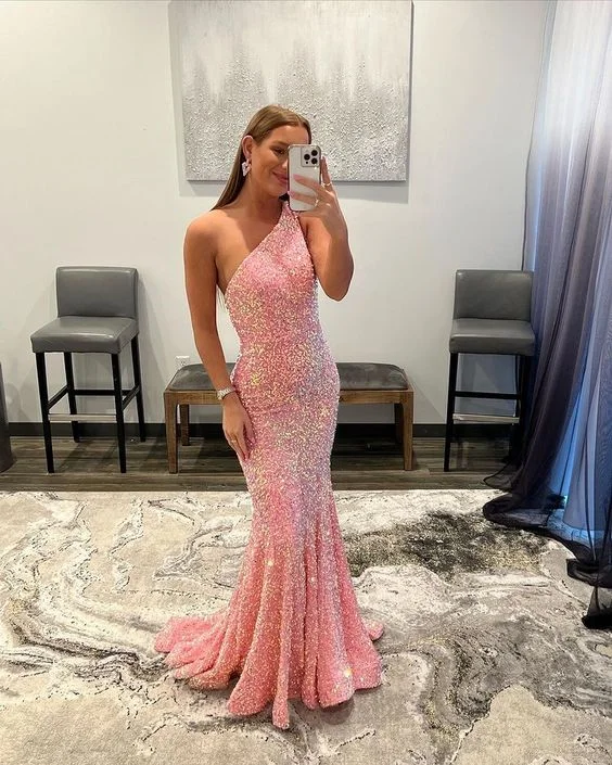 sparkly evening dress for women -Pink Mermaid Sequins One-Shoulder Sleeveless Sweep/Brush Train Prom Dress cc1041