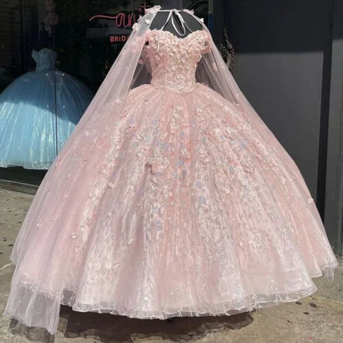 sexy evening dress for style -Pink Quinceanera Dresses 3D Flowers Off The Shoulder Sweet 15 Prom Ball Gowns c3159