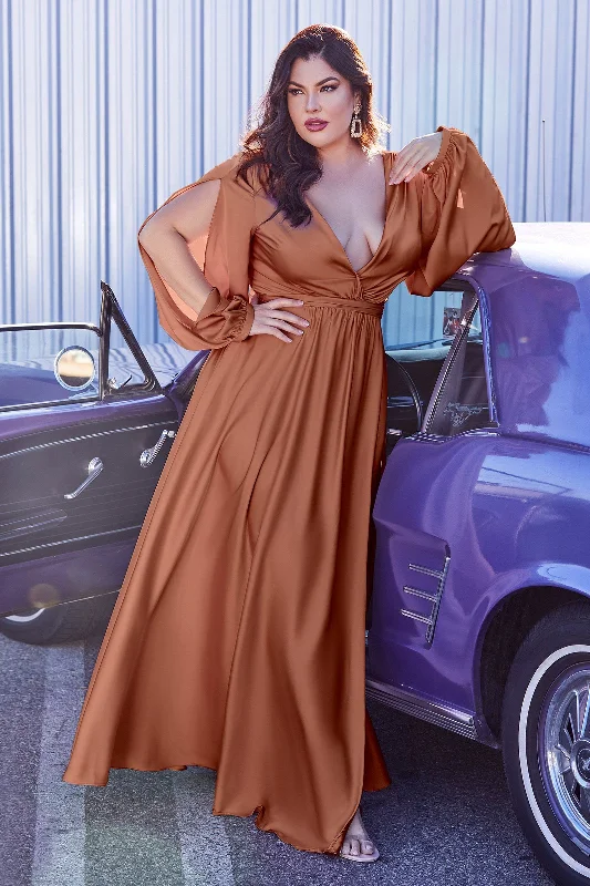 evening dress with unique ruffles -Plus Size Long Sleeve Satin Gown by Cinderella Divine 7475C