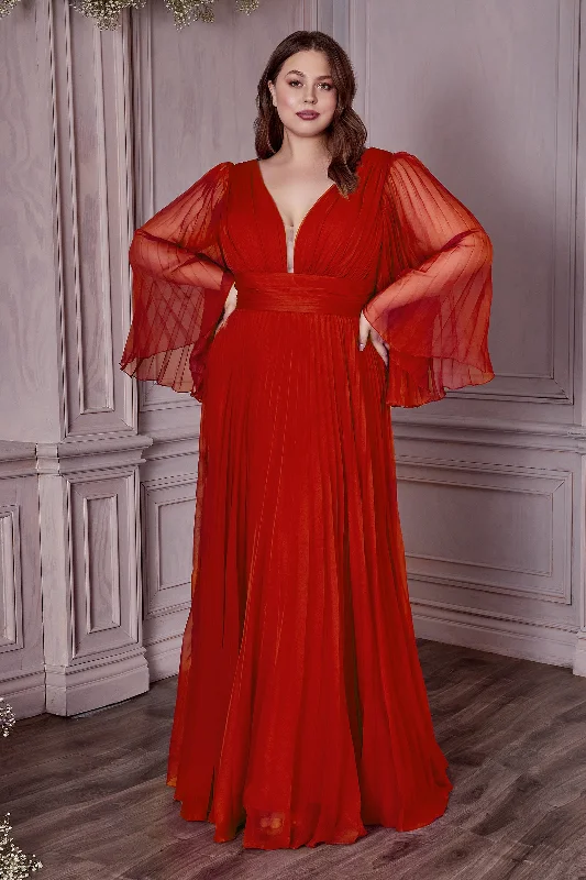 evening dress for formal nights -Plus Size Pleated Bell Sleeve Gown by Cinderella Divine CD242C