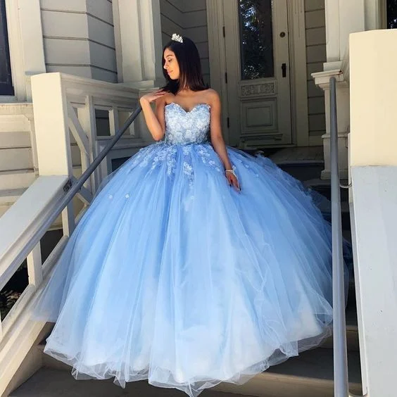 evening dress with chic sleeves -Princess Ball Gown Sweetheart Blue Prom/Evening Dresses with Appliques C1018