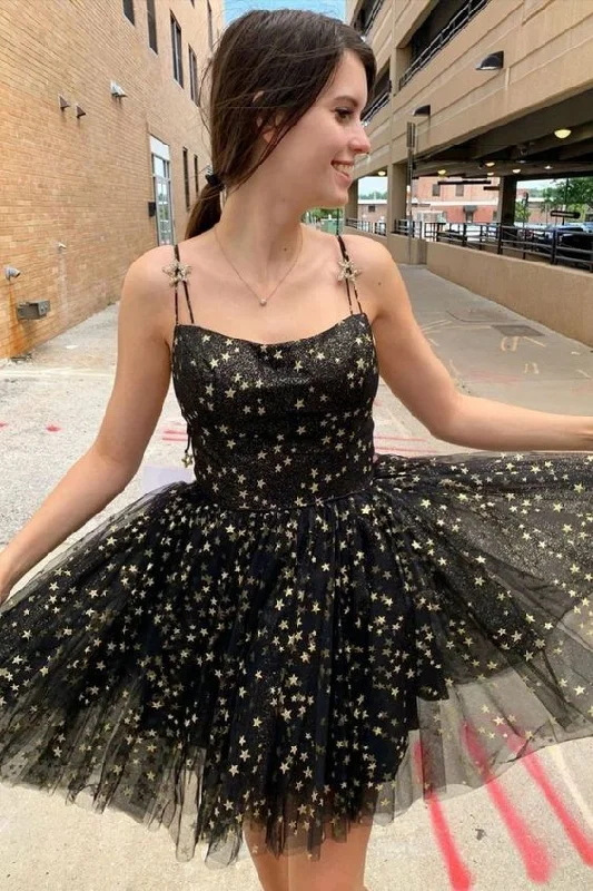 trendy evening dress for dates -princess black A-line short party dress features with spaghetti straps and stars sparkles C373