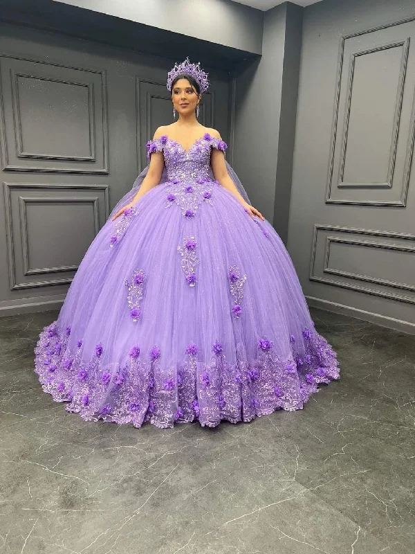 evening dress with chic frills -Princess Purple Off The Shoulder Ball Gown Quinceanera Dress Beaded Birthday Party Dress 3D Flowers cc579