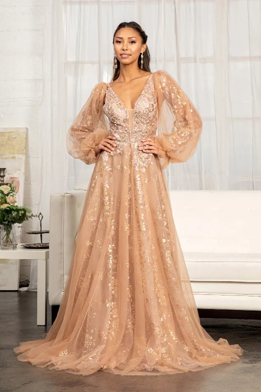 sexy evening dress for style -Puff Sleeve Glitter Print Gown by Elizabeth K GL3001