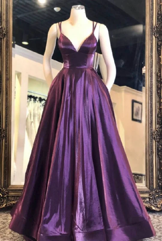 affordable evening dress for fun -Purple A-line V Neck Satin Long Prom Dress Evening Dress cc1037