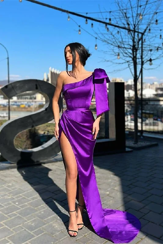 chic evening dress for club -Purple One Shoulder Long Prom Dress With Slit cc1033