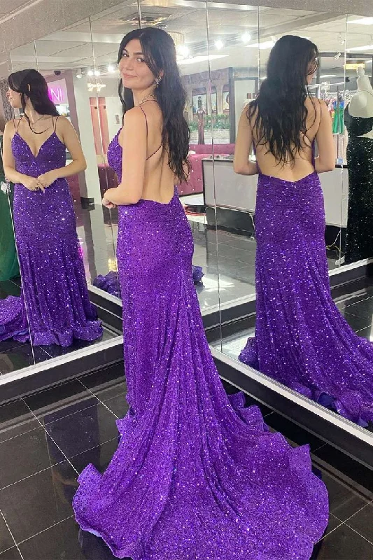 elegant evening dress for nights -Purple Sequin V-Neck Open Back Mermaid Long Formal Dress  cc1019