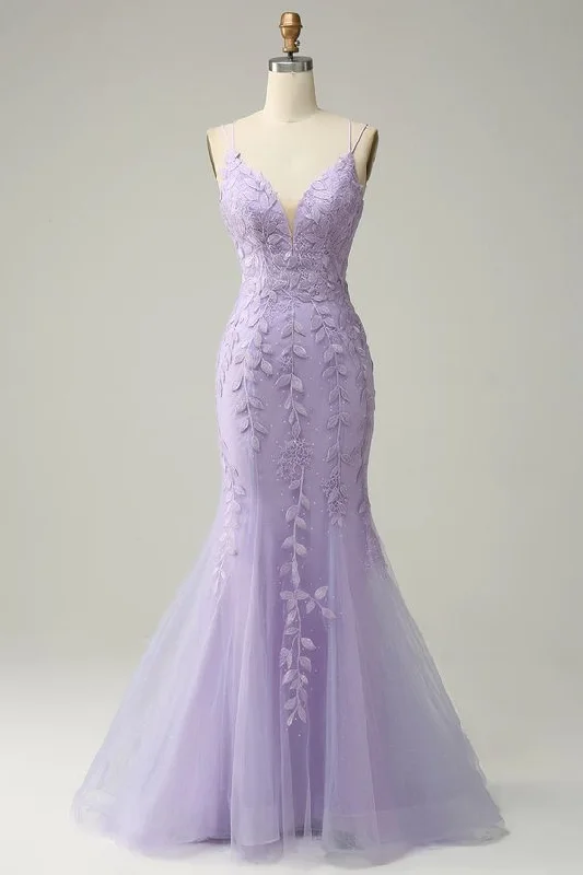 satin evening dress for style -Purple Spaghetti Straps Mermaid Long Prom Dress With Appliques cc1257