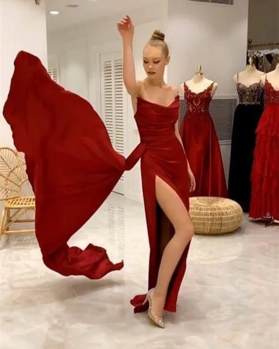 affordable evening dress for spring -red prom sheath dresses 2022 satin split evening gown C1855