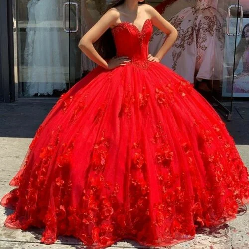 chic evening dress for club -Red Quinceanera Dresses 3D Flowers Princess Corset Back Princess Prom Sweet 16 c2938