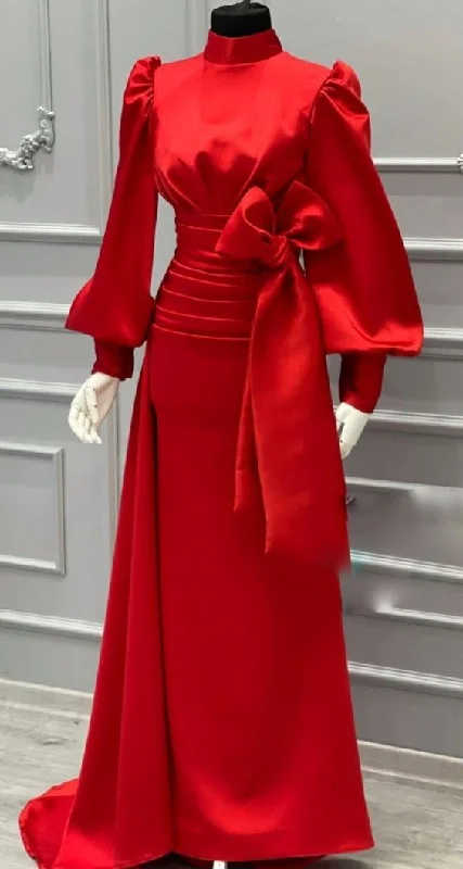 ruffled evening dress for style -Red Satin Long Sleeve Prom Dress,Muslim Dress cc1050