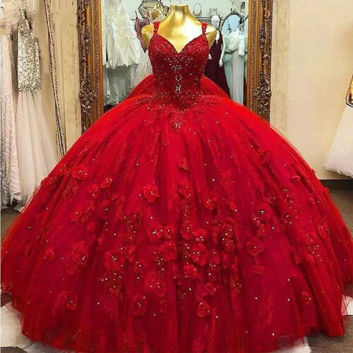 budget evening dress for warmth -Red V Neck Quinceanera Dresses Spaghetti Straps Beads Flower Sweet 15 Party Gown c2939