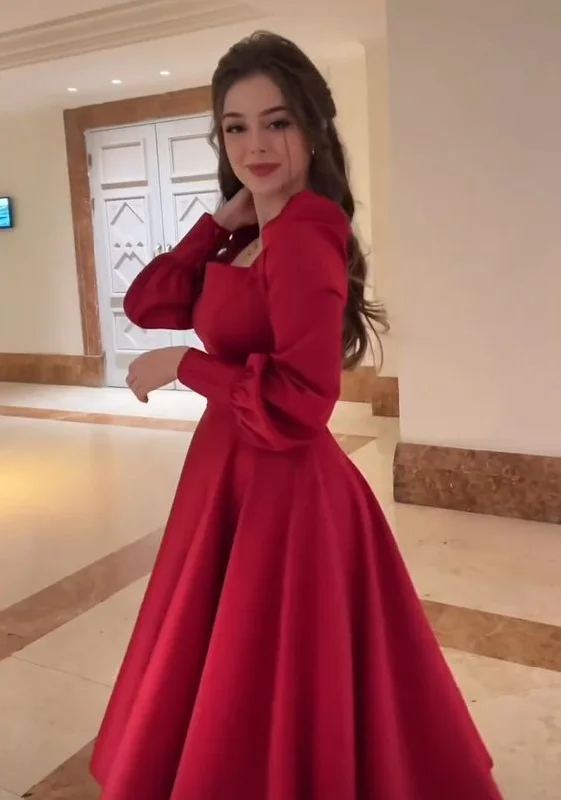 white evening dress for women -Retro Style Red A-line Long Sleeves Party Dress  cc865