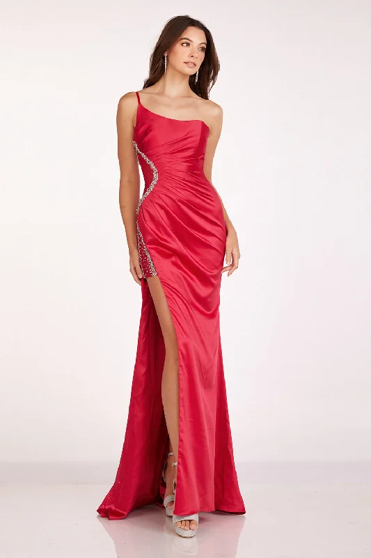 sexy evening dress for fall -Satin One Shoulder Slit Gown by Abby Paris 90259