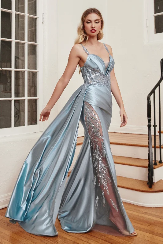 evening dress with unique patterns -Satin Sleeveless Sheer Slit Gown by Ladivine CDS417