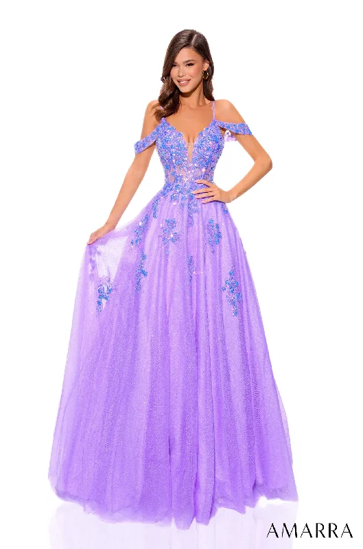 elegant evening dress for prom -Sequin Applique Cold Shoulder Ball Gown by Amarra 88875