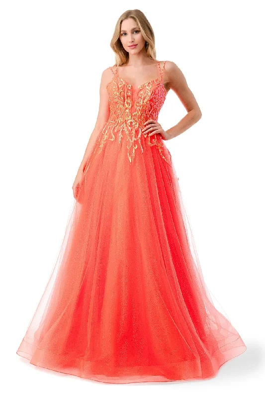 evening dress with floral trim -Sequin Applique Sleeveless Corset Tulle Gown by Coya L2806M