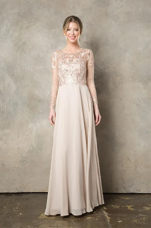 chic evening dress for summer -Sequin Embroidered Long Sleeve A-line Gown by Juno 0960