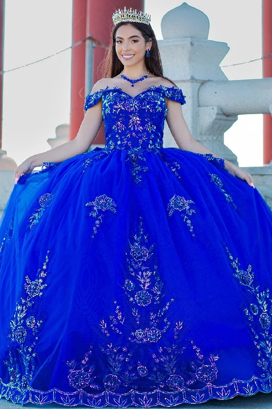 evening dress with chic sleeves -Sequin Off Shoulder Tulle Ball Gown by Cinderella Couture 8100J