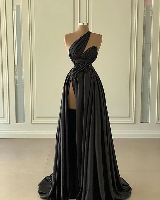 black evening dress for kids -Sexy Black One Shoulder Prom Dress With High Slit cc1188