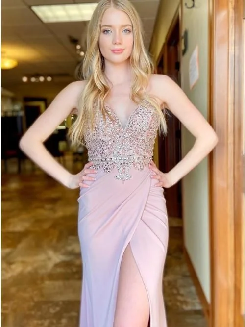 sexy evening dress for summer -Elegant Sheath V Neck Blush Pink Satin Long Prom Evening Dresses with Beading  C1351