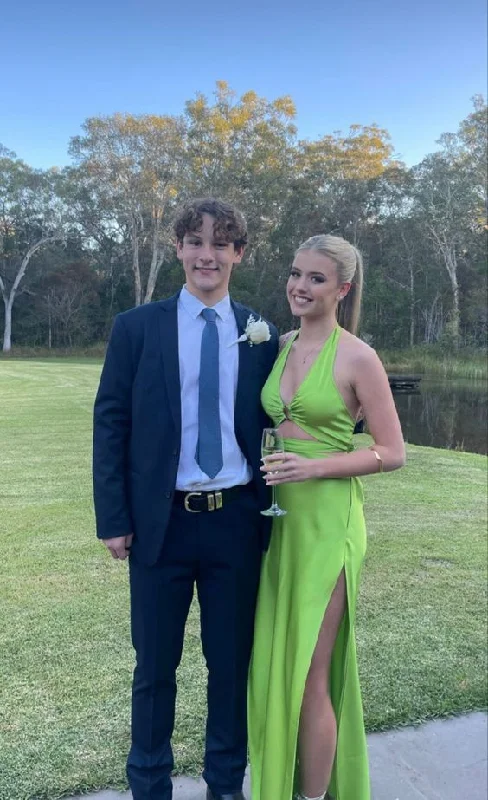 elegant evening dress for prom -Sexy Green Halter Neckline Prom Dress With Split,Senior Prom Gown  cc1245