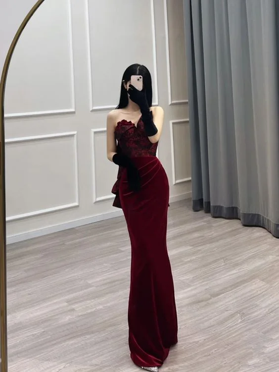 evening dress with bold prints -Sexy Mermaid Sweetheart Velvet Burgundy Long Prom Dress  cc1110