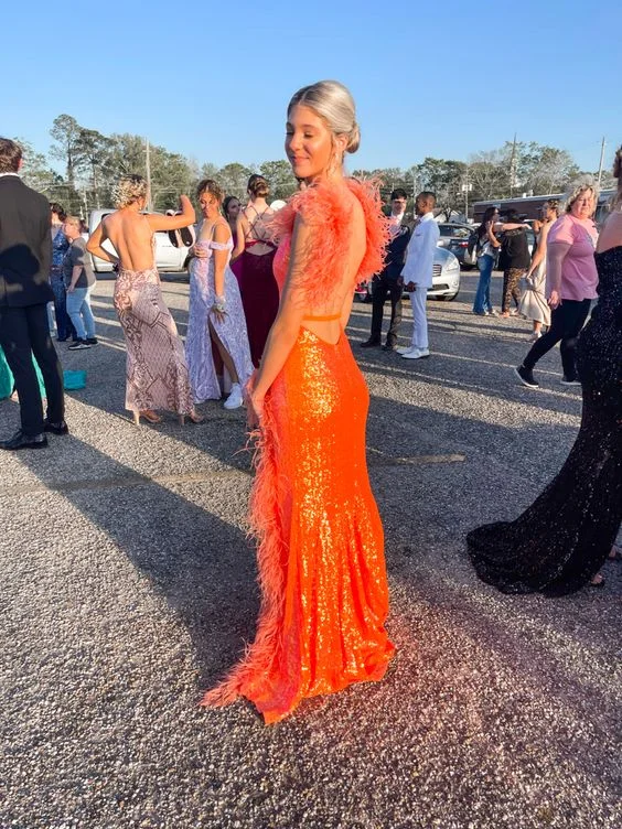 evening dress with unique sleeves -Sexy Orange Sequins Mermaid Prom Dress,Backless Prom Gown cc1013