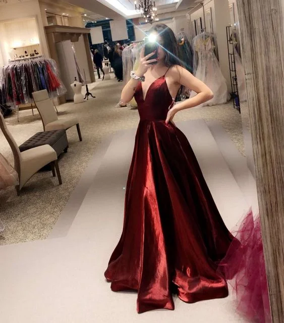 evening dress with unique ruffles -Sexy Spaghetti Straps Dark Red A-line Long Prom Dress cc1284