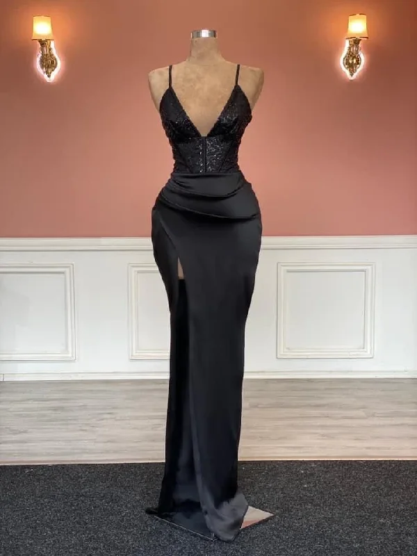 sexy evening dress for women -Sheath/Column Black Spaghetti Straps V Neck Prom Dress cc1314