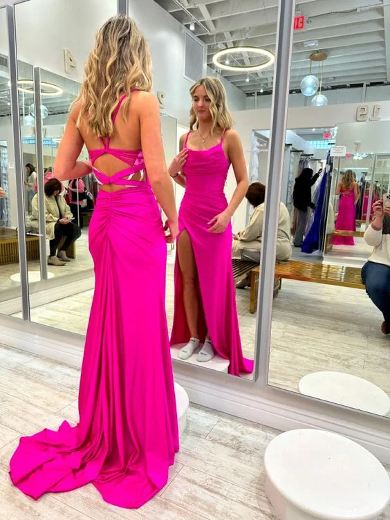 sexy evening dress for fall -Sheath Spaghetti Straps Hot Pink Long Prom Dress with Slit cc1092