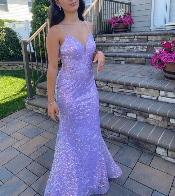 trendy evening dress for teens -Shiny Purple Spaghetti Straps Mermaid Long Prom Dress cc1026