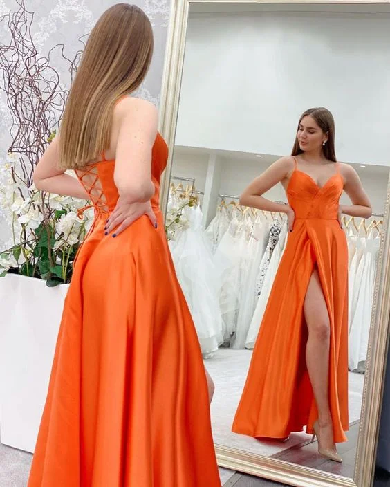 budget evening dress for spring -Simple A-line V Neck Orange Prom Dress,Orange Evening Dress cc1277