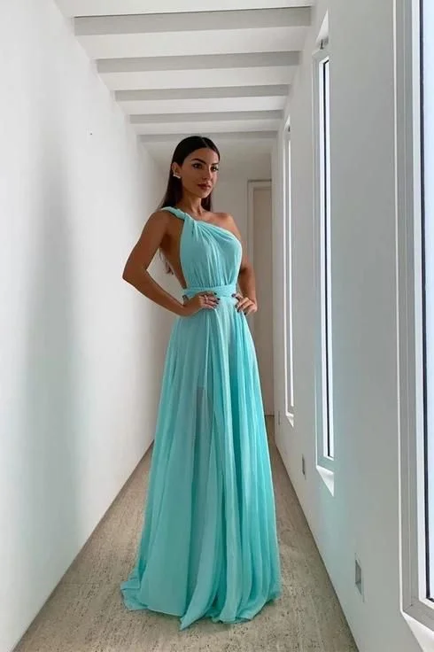 chic evening dress for women -Simple Blue Chiffon One Shoulder Long Prom Dress cc1286