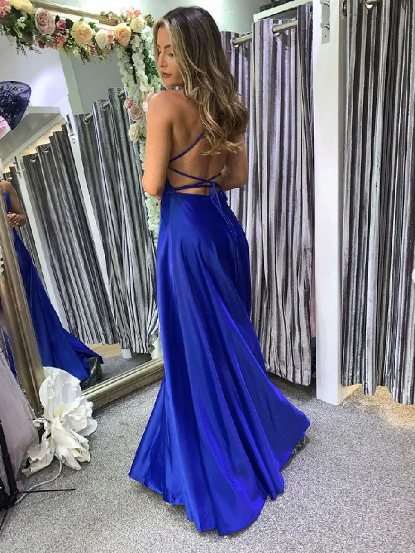 sexy evening dress for summer -Simple blue satin long prom dress, blue satin evening dress cc1369