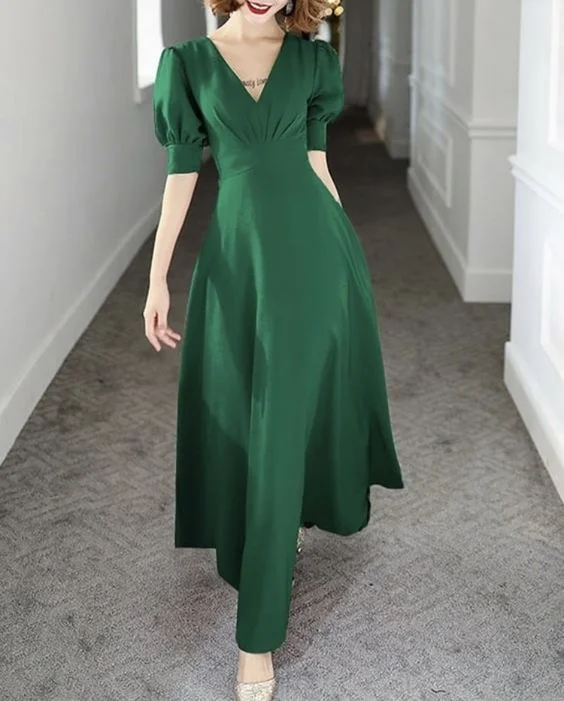 trendy evening dress for dates -Simple Green A-line V Neck Prom Dress,Green Party Gown  cc1293