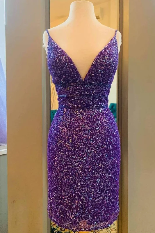 white evening dress for club -Purple Sequins Tight Short Party Dress c3227