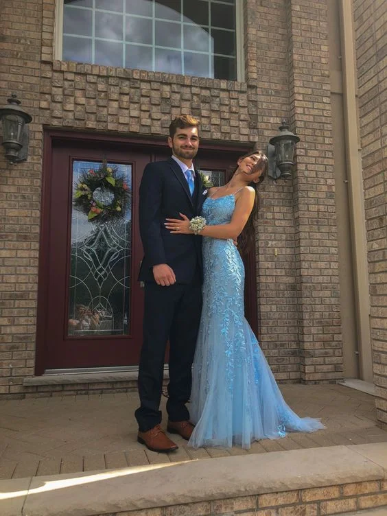 trendy evening dress for 2025 -Sky Blue Spaghetti Straps Open Back Long Prom Dress cc1236