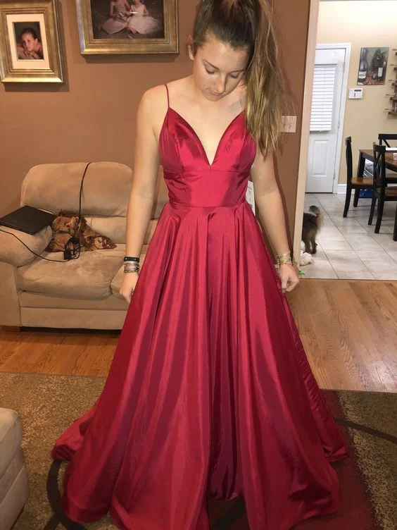 red evening dress for style -Spaghetti Straps Empire Burgundy Prom Dress cc1304