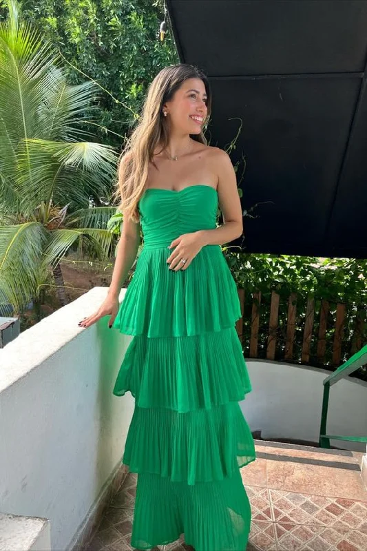 evening dress with bold ruffles -strapless green chiffon A-line tiered ruffles long prom dress  cc1357